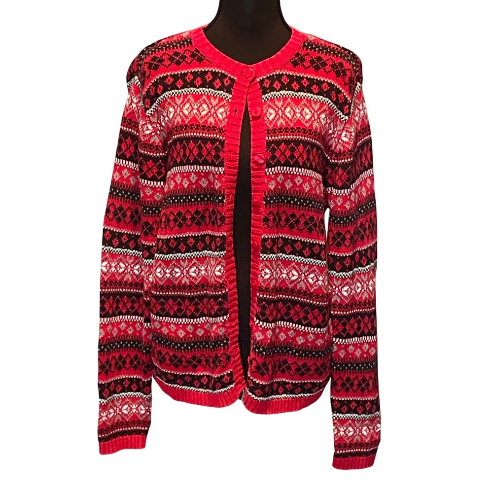 VTG Cherokee Red Fair Isle Knit Cardigan Sweater M Ramie Cotton Cottagecore